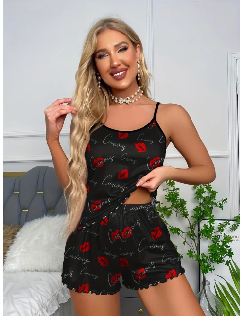 Siyah Dudak Desenli 2li Şortlu Takım