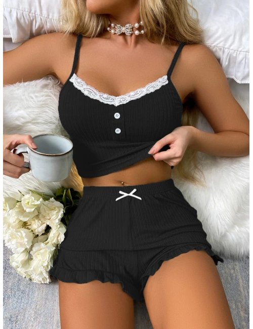 Siyah Likralı Düğmeli Yumuşacık 2li Pijama Takımı