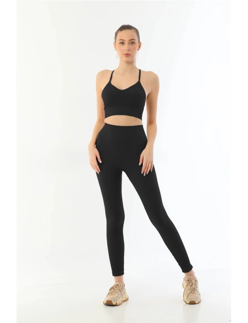 Siyah Mı Emay 3921 Soft Seamless Ripli Tayt Yoga Takımı