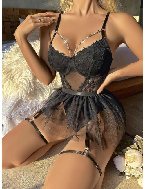 Siyah Tül Etekli Jartiyer Fantezi Takım 2080