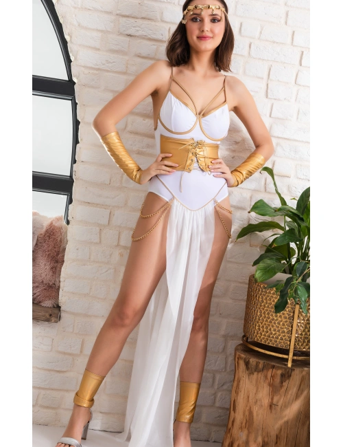 Tanrıça Temalı Beyaz Altın Seksi Fantazi İç Giyim Kostüm,zincir Detaylı, Transparan Şifon Etekli Set