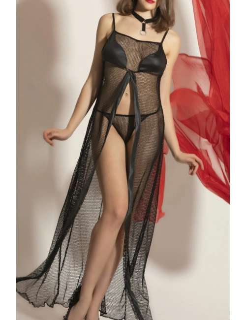 Transparan Fileli Uzun Babydoll Takım,dantel Detaylı Gecelik,tanga,boyunluk 3lü Set