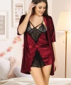 Bordo Kadife Dantelli Sabahlık & Gecelik Takım 2 Li - 1392
