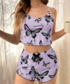 Mor Renk Kelebek Desenli Şortlu Ev Giyim Takımı,kadın Yazlık Askılı Pijama, Rahat Ve Şık Ev Giyim