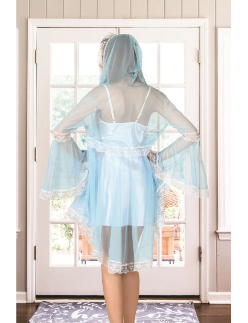 Beyaz Turkuaz Tül Dantelli Sabahlık & Gecelik Takım 2 Li - 1478