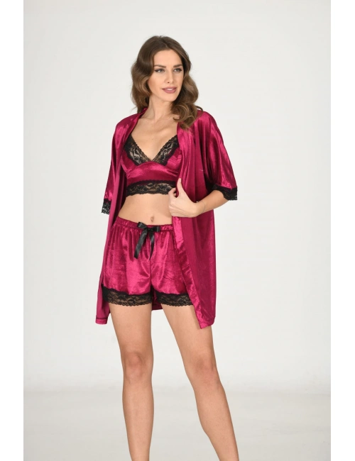 Fuşya Kadife Dantelli Sabahlık & Gecelik Takım 3 Lü - 1437