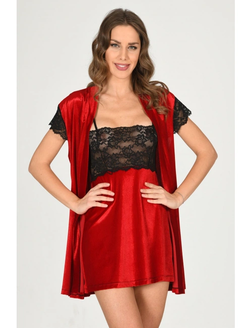 Kırmızı Kadife Sabahlık & Gecelik Takım 2 Li - 1428