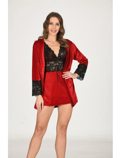 Kırmızı Kadife Sabahlık & Gecelik Takım 2 Li - 1442