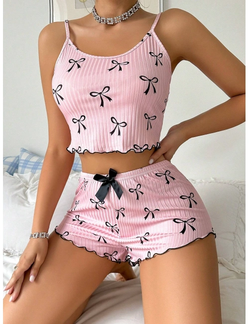 Pembe Fiyonklu Askılı Şortlu Kadın Pijama Takımı, Yumuşak Kumaş, Şık Detaylar,yazlık Kadın Pijama