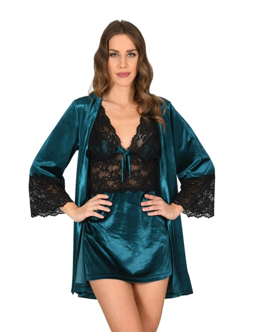 Petrol Yeşili Kadife Sabahlık & Gecelik Takım 2 Li - 1443