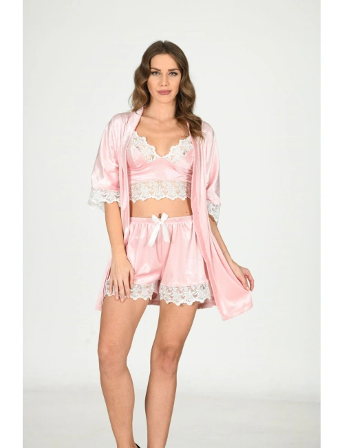 Pudra Kadife Dantelli Sabahlık & Gecelik Takım 3 Lü - 1438