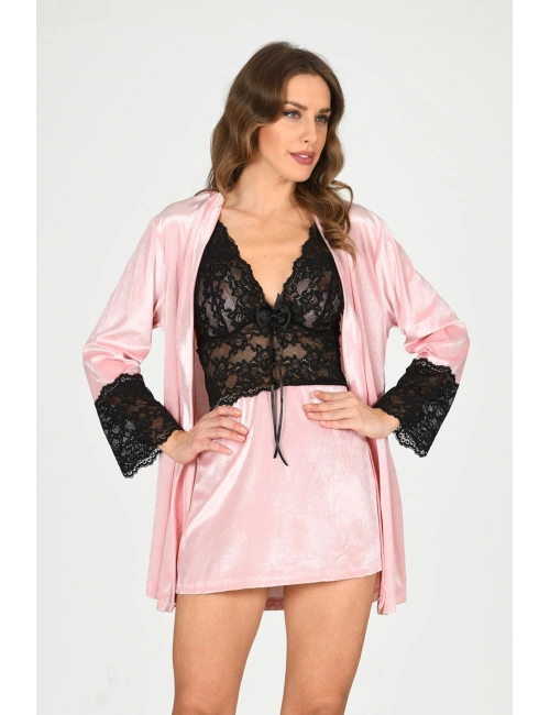 Pudra Kadife Sabahlık & Gecelik Takım 2 Li - 1446