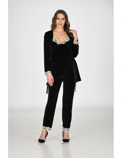 Siyah Kadife Sabahlık & Gecelik Takım 3 Lü - 1441