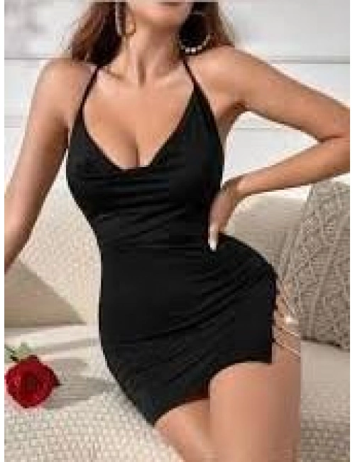 Siyah Seksi Elbise Zincirli 5077