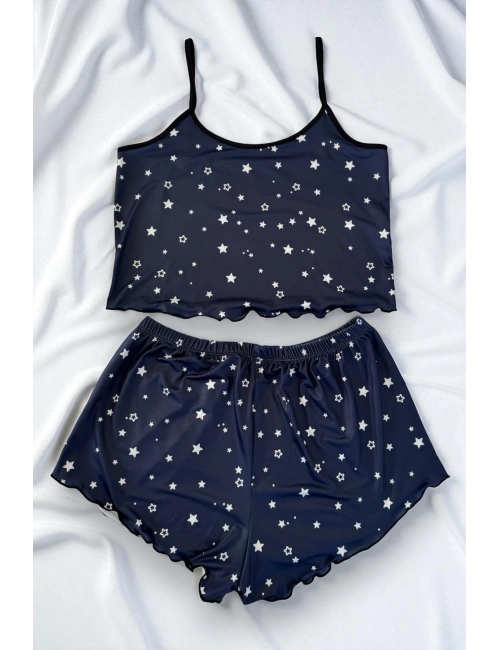 Yıldız Desenli Lacivert Askılı Şortlu Gecelik