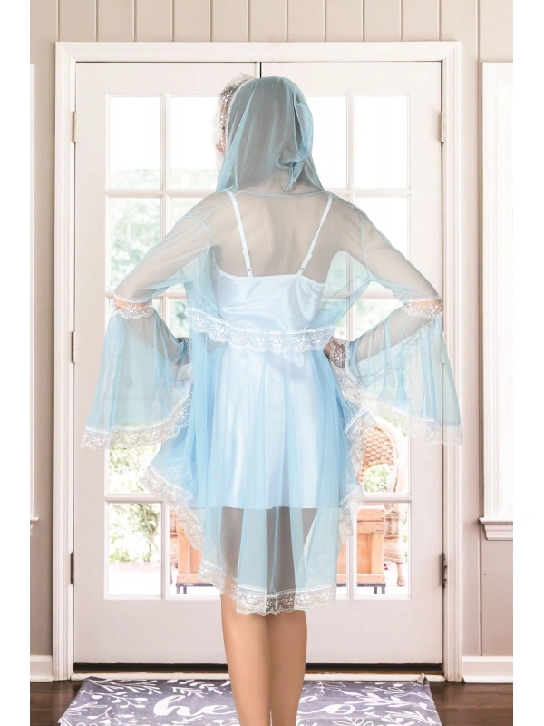 Beyaz Turkuaz Tül Dantelli Sabahlık & Gecelik Takım 2 Li - 1478