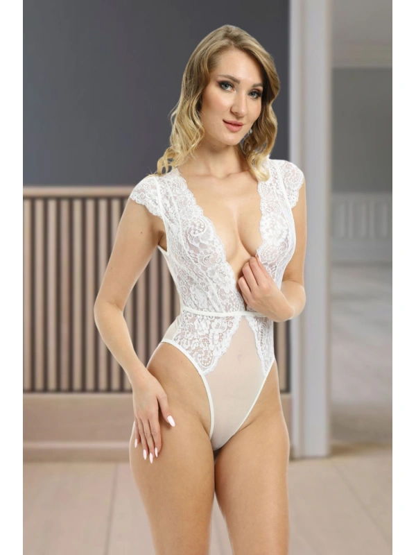 Beyaz Yarım Kol Dantel Bodysuit - 894