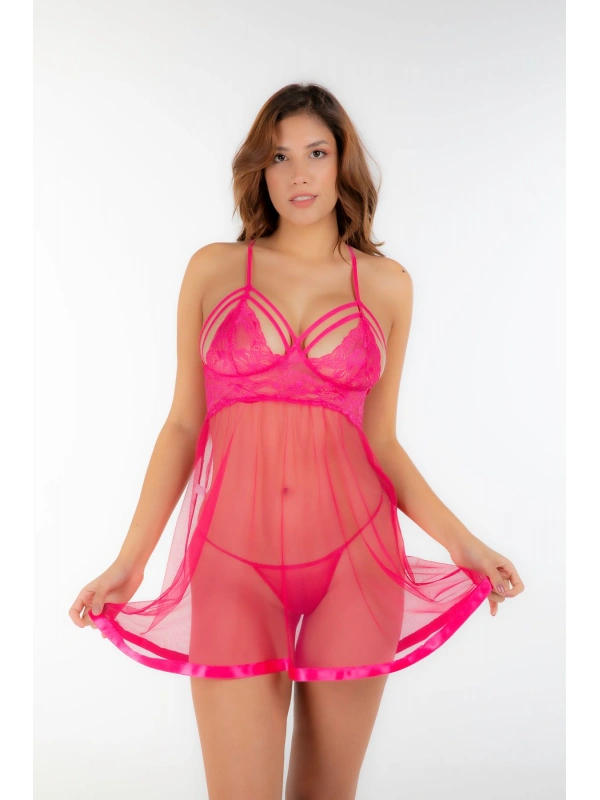 Fuşya Dantel Gecelik - 683