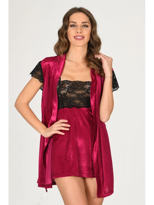 Fuşya Kadife Sabahlık & Gecelik Takım 2 Li - 1427