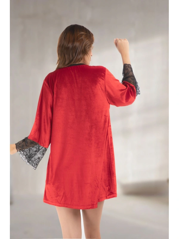 Kırmızı Kadife Sabahlık & Gecelik Takım 2 Li - 1442