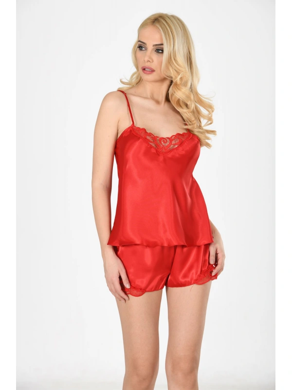 Kırmızı Saten Babydoll Şortlu Takım - 282