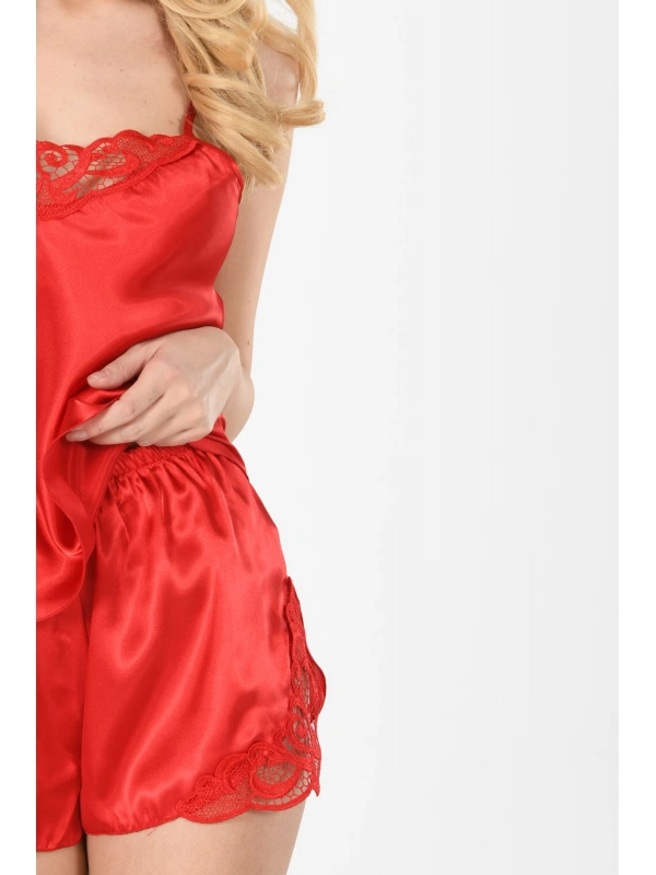 Kırmızı Saten Babydoll Şortlu Takım - 282