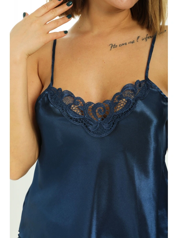 Lacivert Saten Babydoll Şortlu Takım - 259