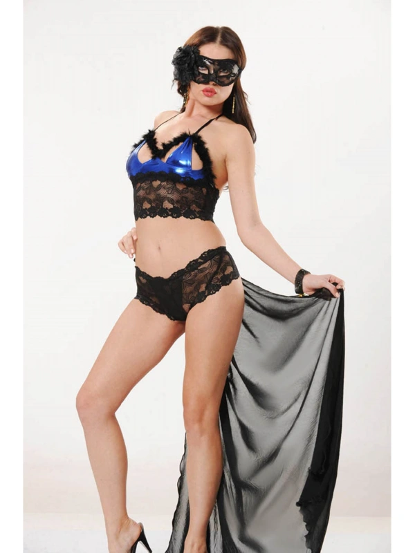 Mavi Siyah Deri ( Lame ) Dantelli Gecelik - 457