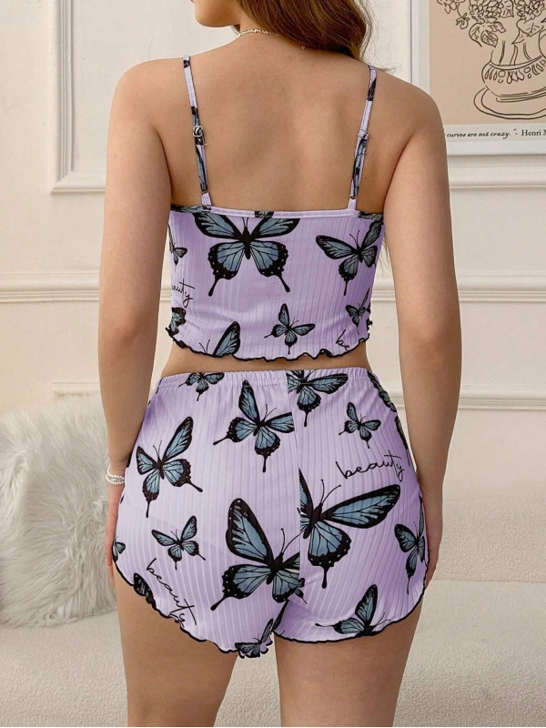 Mor Renk Kelebek Desenli Şortlu Ev Giyim Takımı,kadın Yazlık Askılı Pijama, Rahat Ve Şık Ev Giyim