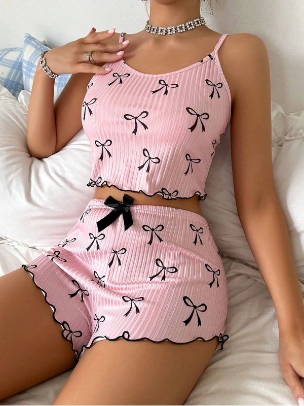 Pembe Fiyonklu Askılı Şortlu Kadın Pijama Takımı, Yumuşak Kumaş, Şık Detaylar,yazlık Kadın Pijama