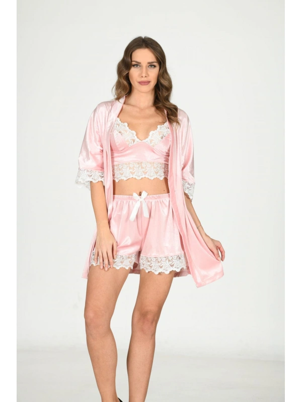 Pudra Kadife Dantelli Sabahlık & Gecelik Takım 3 Lü - 1438