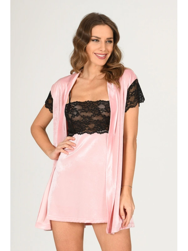 Pudra Kadife Sabahlık & Gecelik Takım 2 Li - 1430