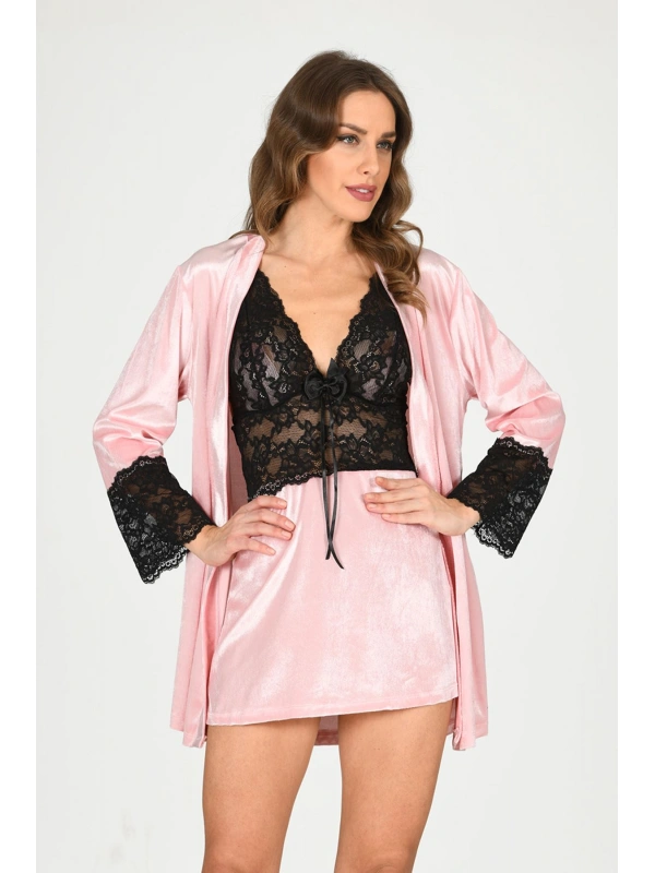 Pudra Kadife Sabahlık & Gecelik Takım 2 Li - 1446