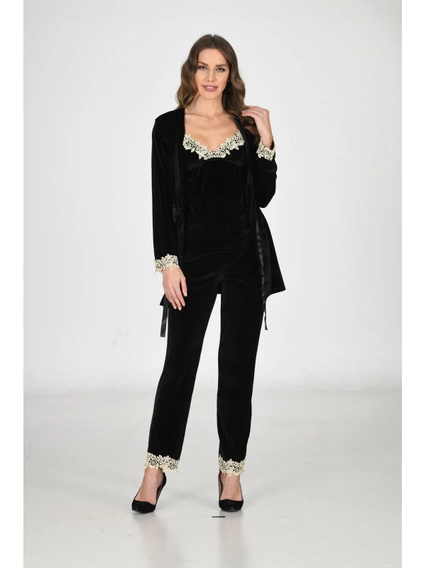 Siyah Kadife Sabahlık & Gecelik Takım 3 Lü - 1441