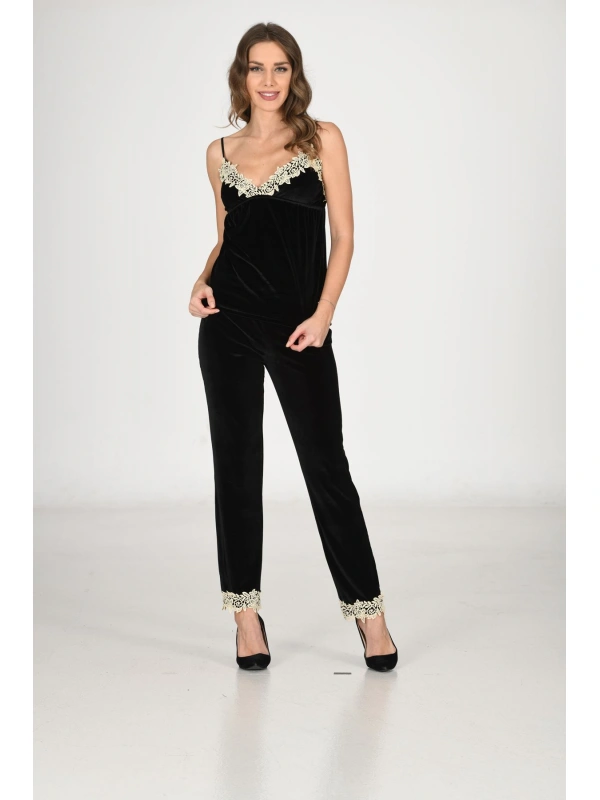 Siyah Kadife Sabahlık & Gecelik Takım 3 Lü - 1441