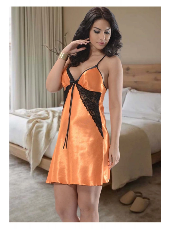Turuncu Dantelli Saten Gecelik - M-379