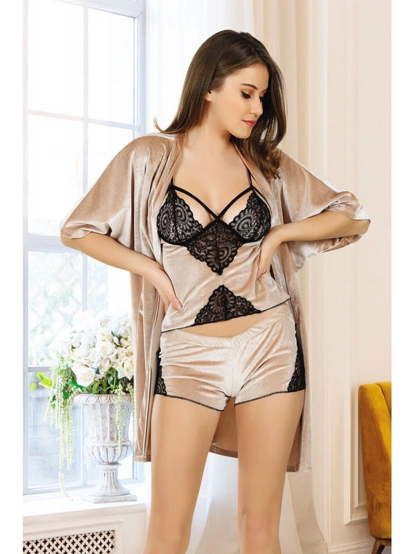 Vizon Kadife Dantelli Sabahlık & Gecelik Takım 3 Lü - 1398