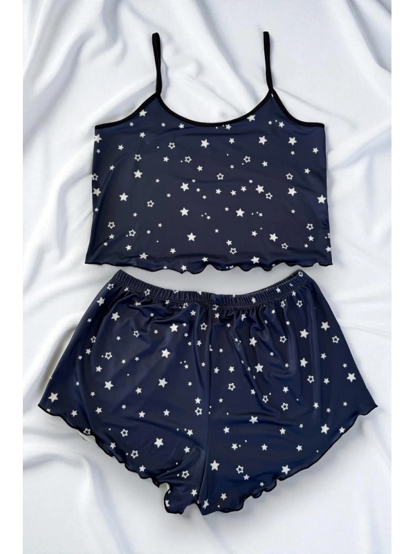 Yıldız Desenli Lacivert Askılı Şortlu Gecelik