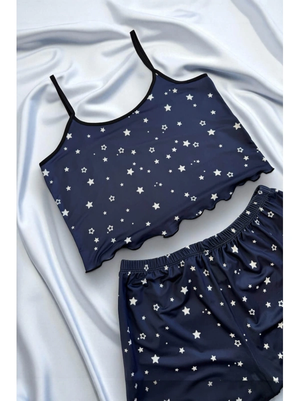 Yıldız Desenli Lacivert Askılı Şortlu Gecelik
