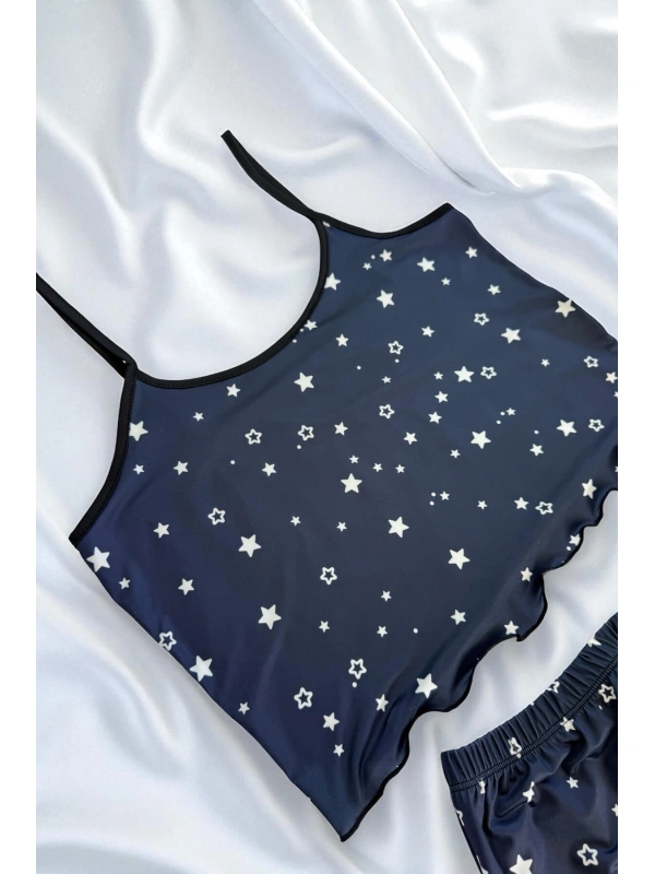Yıldız Desenli Lacivert Askılı Şortlu Gecelik