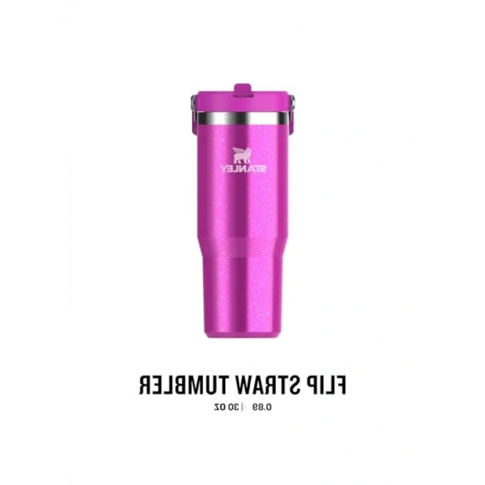 0.89 Litre Kapasiteli Pipetli Termos Bardak - Simli Pembe