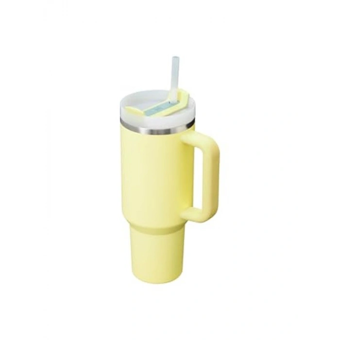 0.89 litre kapasiteli sarı termos bardak, pipetli tasarım