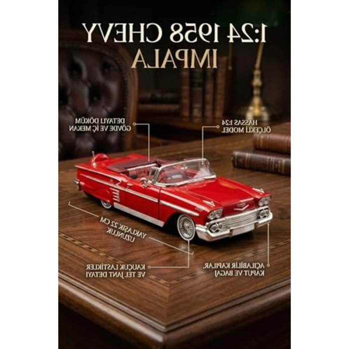 1:24 Ölçekli Kırmızı 1958 Chevy Impala Metal Model Araba