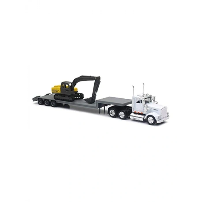 1:43 Ölçekli Kenworth W900 Römork Modeli, İnşaat Ekskavatörlü