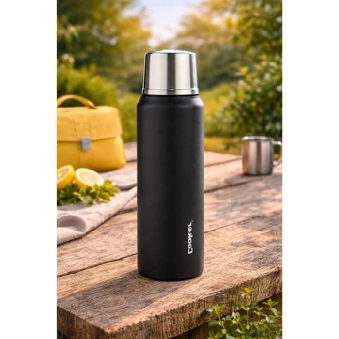 1 Litre Çelik Termos, 304 Paslanmaz Çelik, Siyah Renk