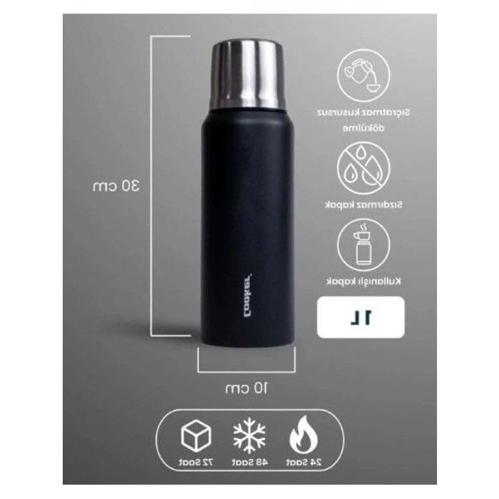 1 Litre Çelik Termos, 304 Paslanmaz Çelik, Siyah Renk