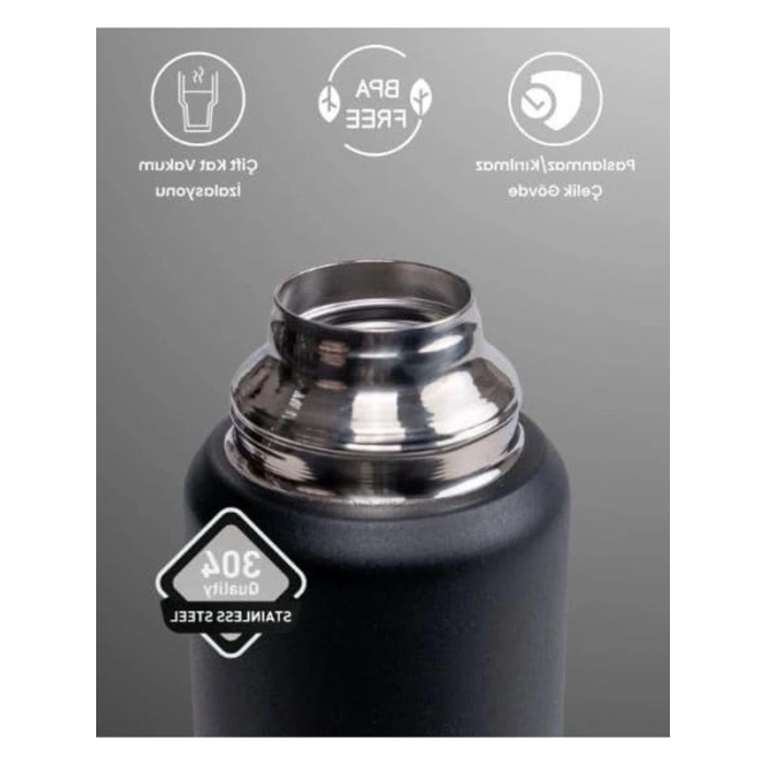 1 Litre Çelik Termos, 304 Paslanmaz Çelik, Siyah Renk