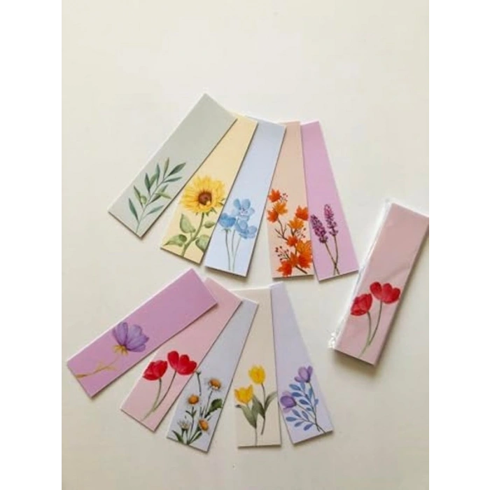 10 Adet Çiçek Temalı Kitap Ayracı, 40x145 mm Boyutunda