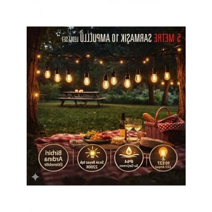 10 Ampullü LED Dış Mekan Aydınlatma Seti - 5 Metre Uzunluk
