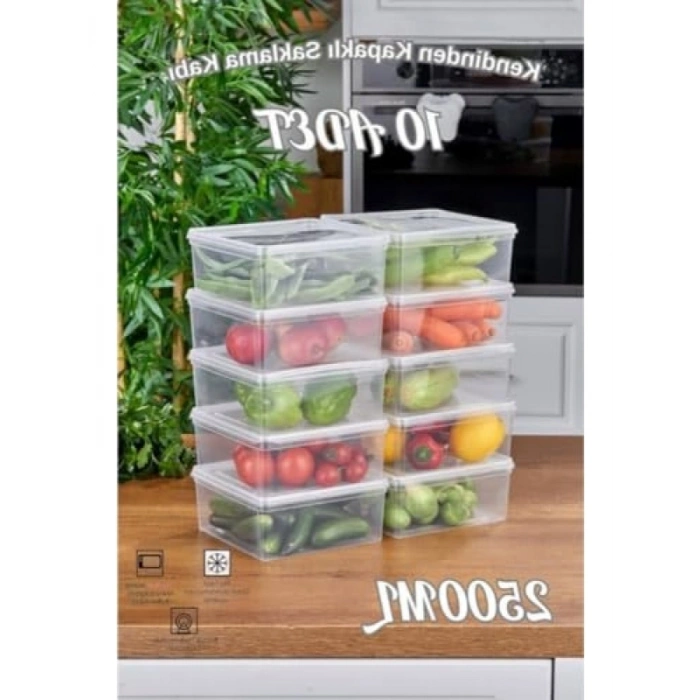 10lu Set - 2500ml Kapasiteli Şeffaf Saklama Kabı - Kendinden Kapaklı